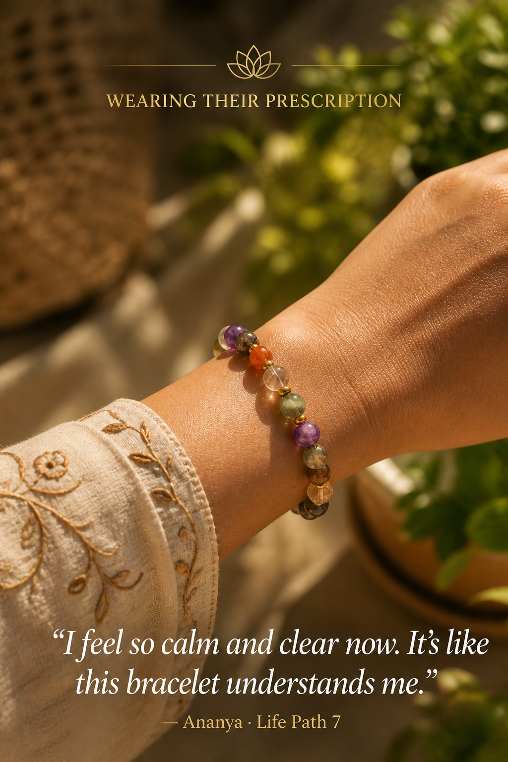 Customer wearing her Pancha Healing prescribed bracelet — Ananya, Life Path 7